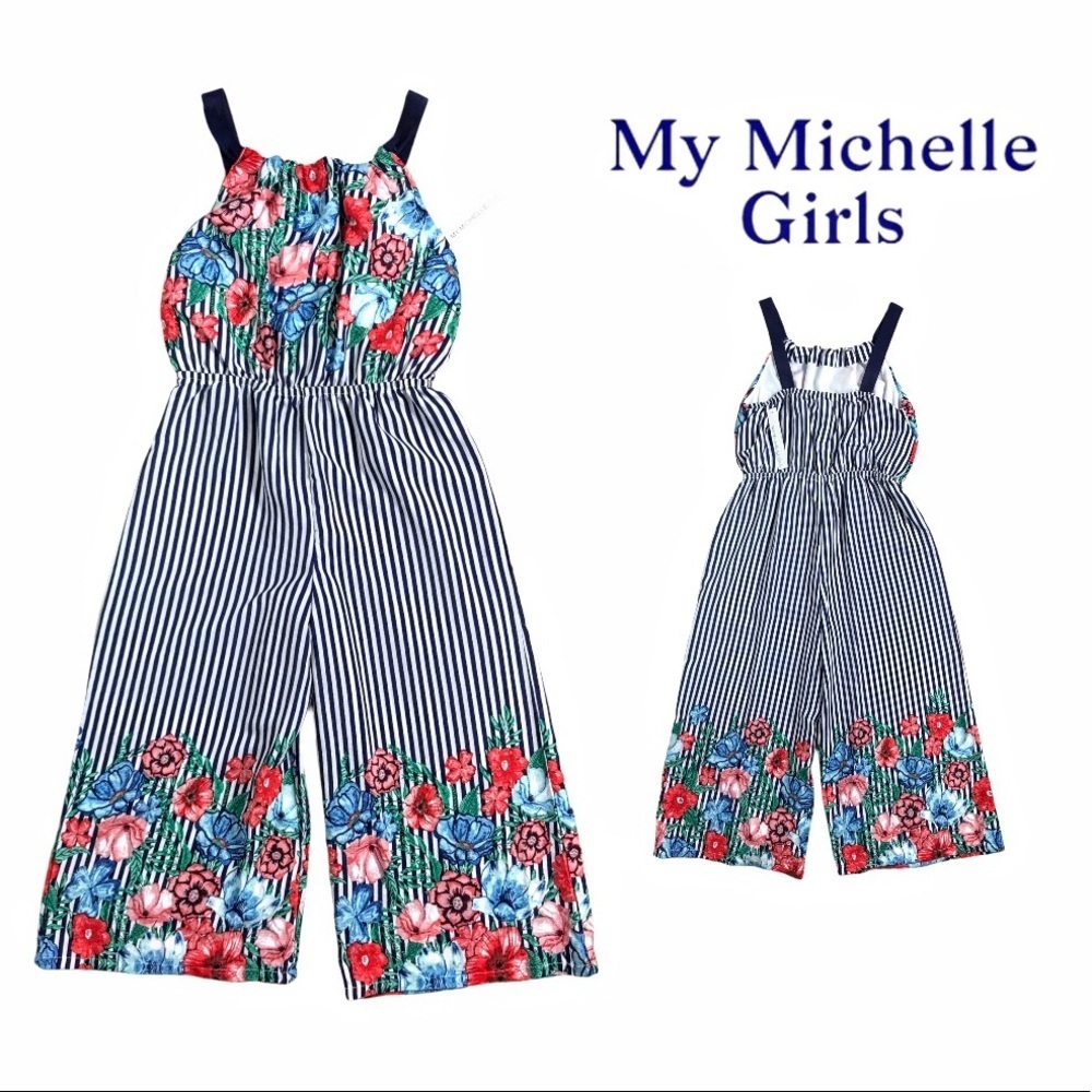NWT My Michelle Girls Striped Floral Jumpsuit Size Small